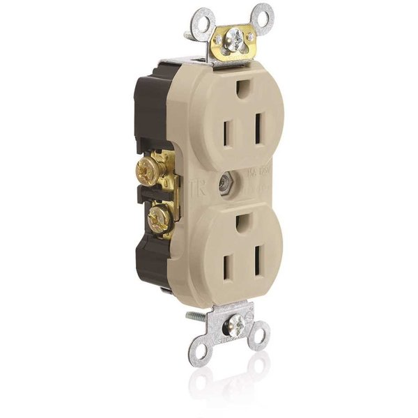 Leviton 15 Amp Commercial Grade Tamper Resistant Side Wired Self Grounding Duplex Outlet, Ivory TCR15-I